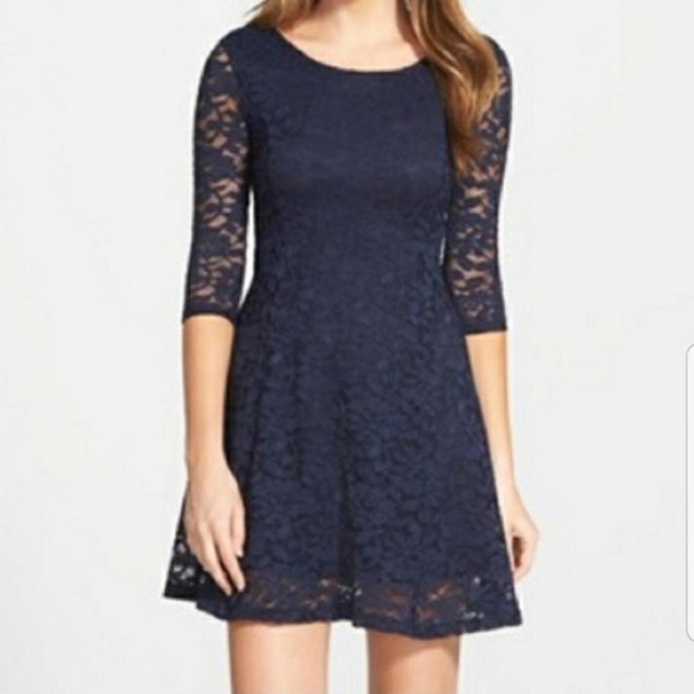LUSH Navy Blue 3/4 Sleeve Scoop Neck Lined Solid Lace Dress Sz S